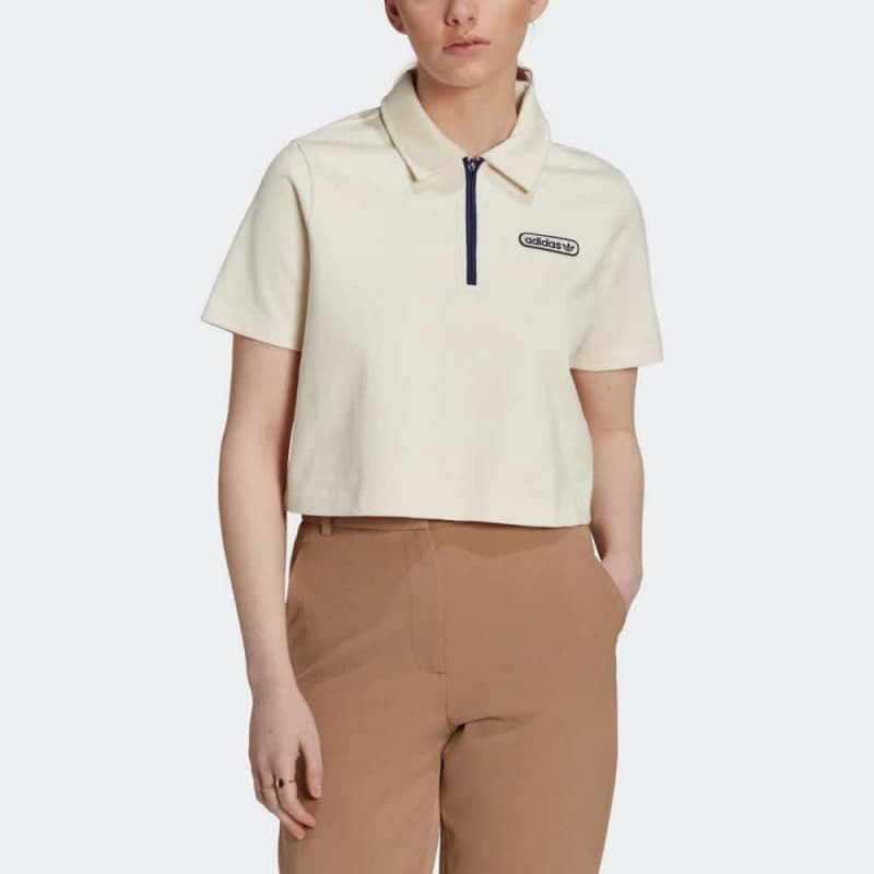 Adidas Womens' Crop Zip Polo Shirt- تيشيرت اديداس بولو كروب زيب للنساء لون بيج