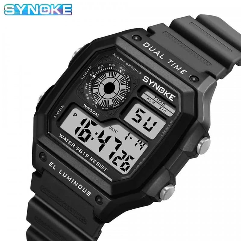Men's Sport Waterproof Retro Digital Watch  - ساعة يد رقمية بثلاث شاشات جلد مطاط لون أسود 