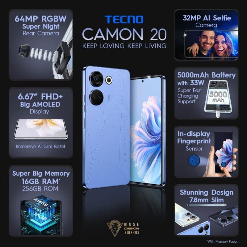 Tecno Camon 20 pro 256GB & 8GB RAM كفالة سنة