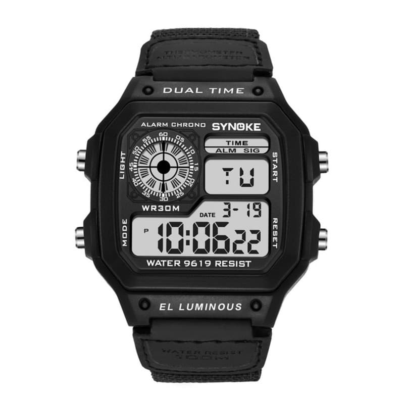 Men's Sport Waterproof Retro Digital Watch  - ساعة يد رقمية بثلاث شاشات جلد مطاط لون أسود 