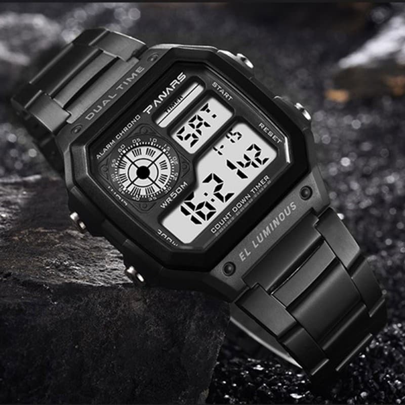 Men's Sport Waterproof Retro Digital Watch  - ساعة يد رقمية بثلاث شاشات جلد مطاط لون أسود 