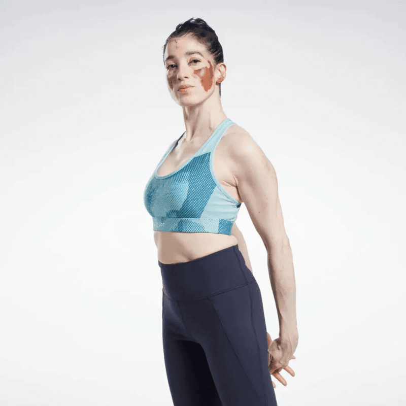 Reebok Women's Lux Perform Allover Print Racer Bra Blue