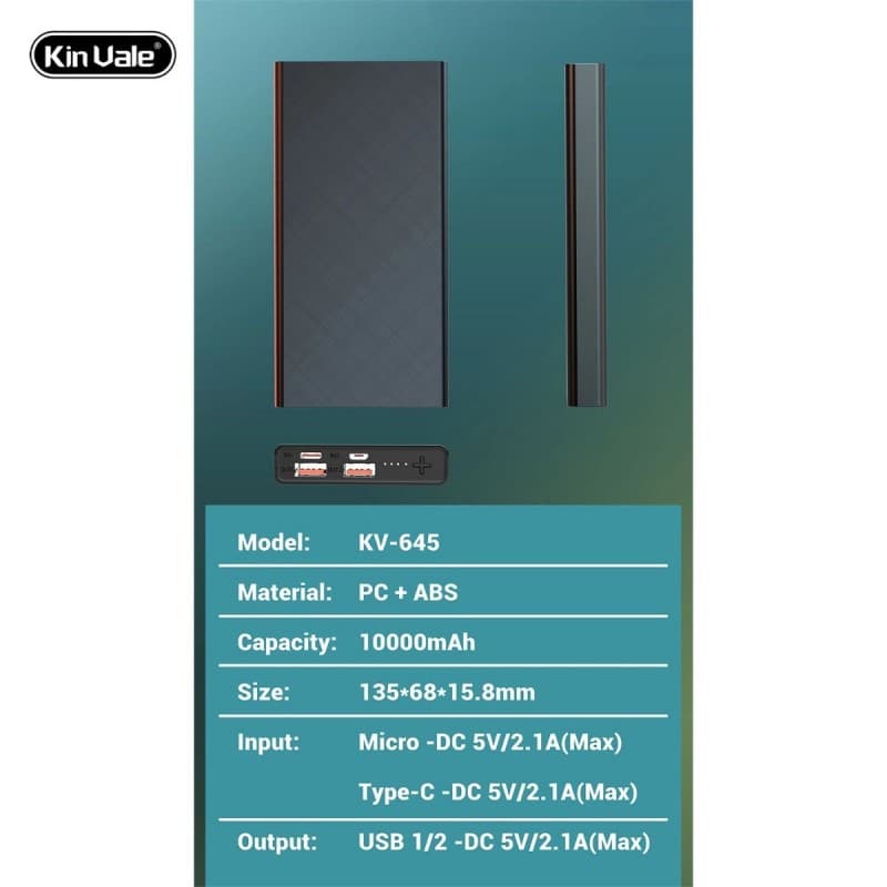 بوربانك منفذ تايب سي  c و ميكرو و usb محمول سعة 10000 ميلي أمبير KV- 645  