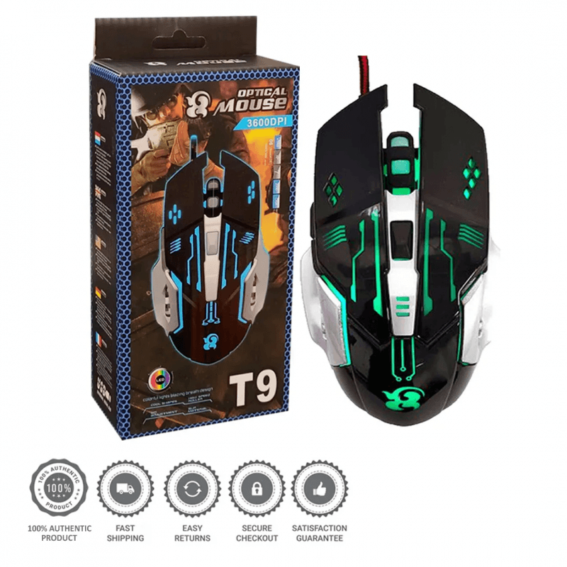 ماوس ألعاب سلكي T9 بإضاءة LED ودقة 3600 DPI