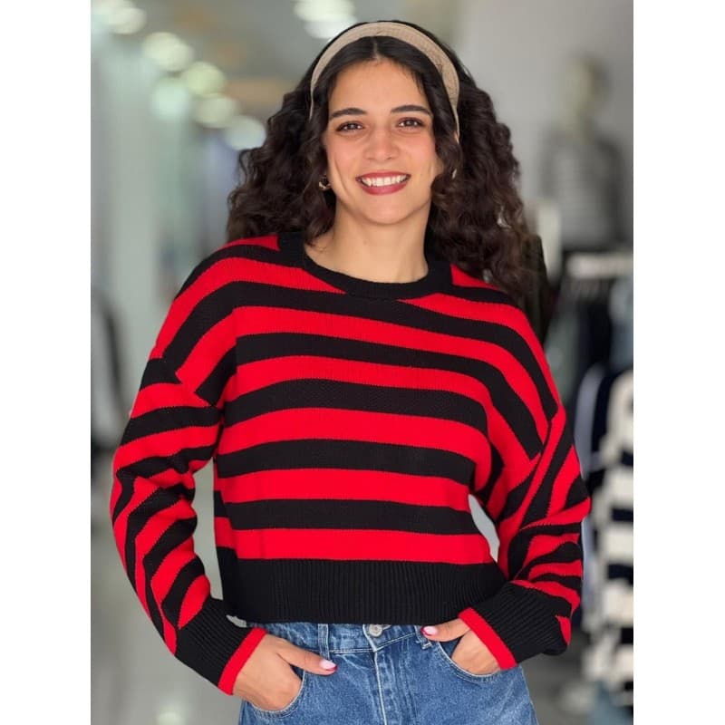 بلوزة ستاتي شتوي مخطط لون أحمر وأسود SHADE