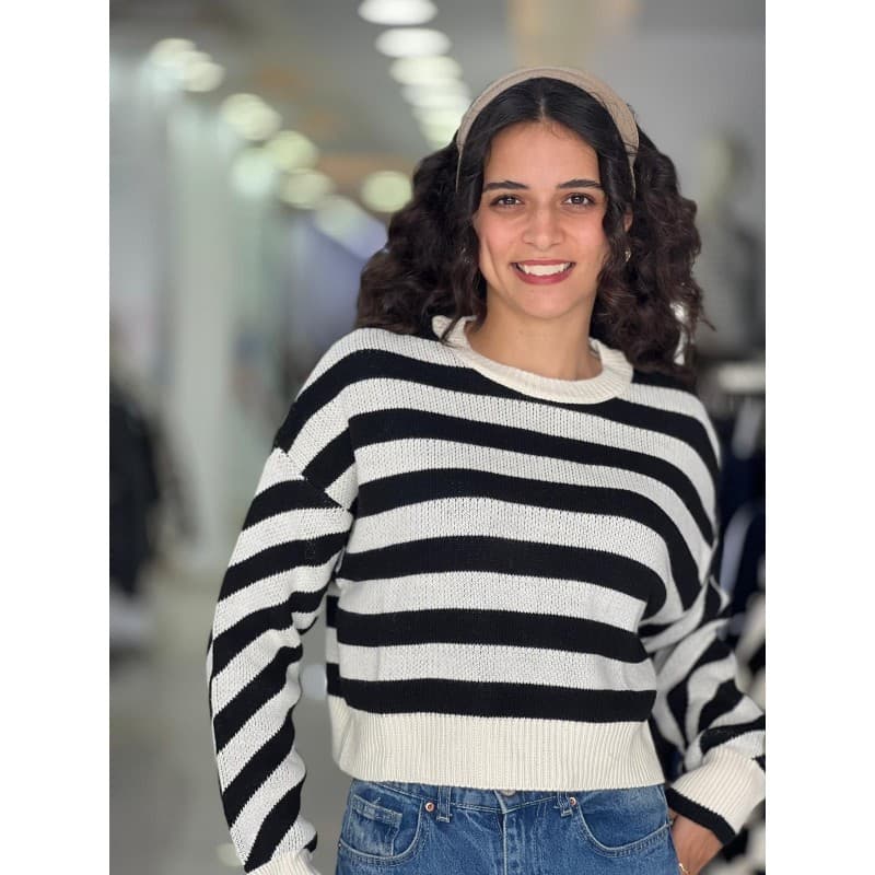 بلوزة ستاتي لون بيج مخطط أسود Bianco Lucci