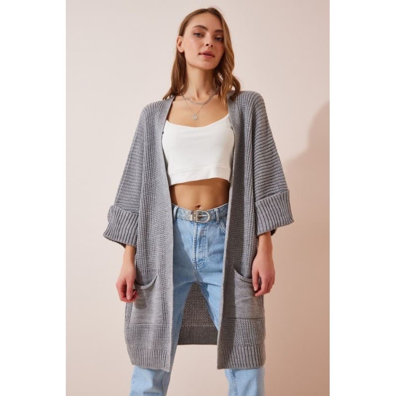 جاكيت صوف طويل مفتوح باللون السكني One Size