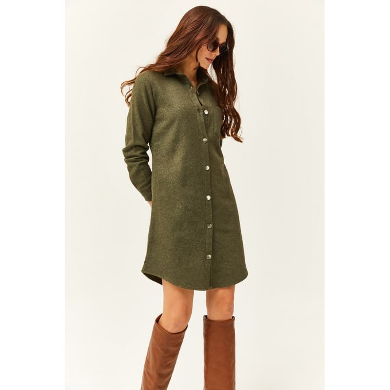 Olalook Women's Khaki Stash Shirt Dress فستان قميص