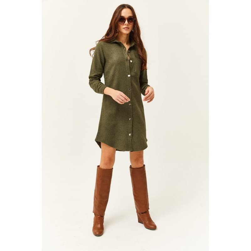 Olalook Women's Khaki Stash Shirt Dress فستان قميص