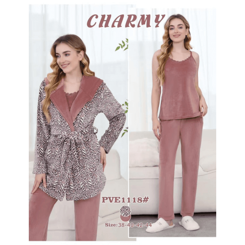 بجامة مخمل ثلاث قطع من CHARMY للنساء لون زهري فاتح