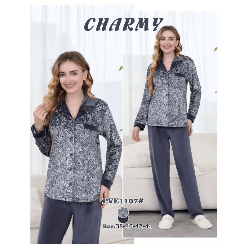بجامة مخمل بأزرار من CHARMY للنساء لون ازرق بترولي