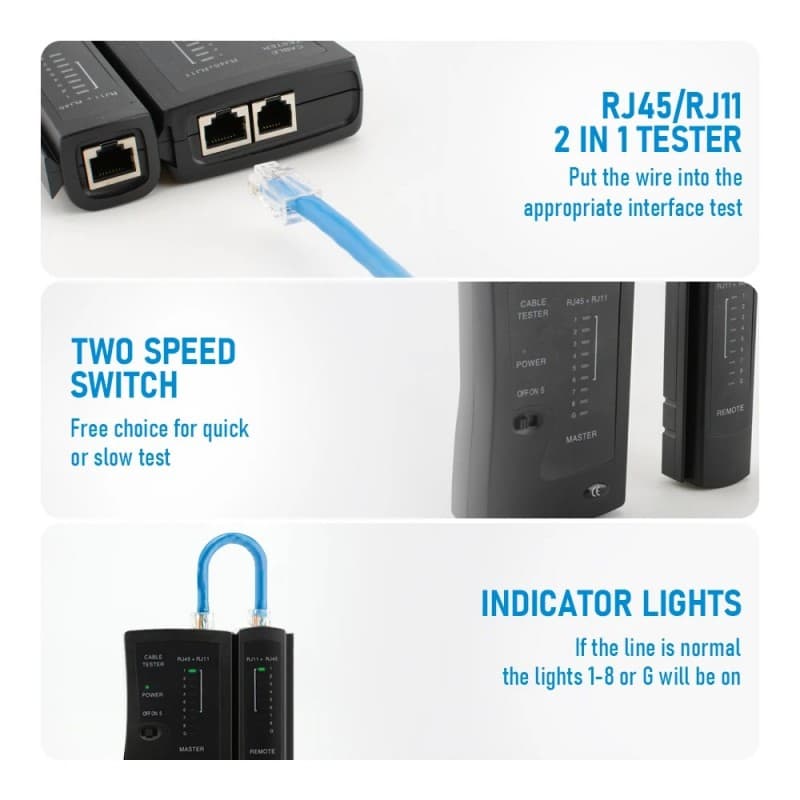 جهاز اختبار كوابل الشبكة والهاتف يدعم RJ11 وRJ12 وRJ45 لكابلات LAN Cat5 وCat5e وCat6 وCat6a وCat7 بنوعيها UTP وSTP 