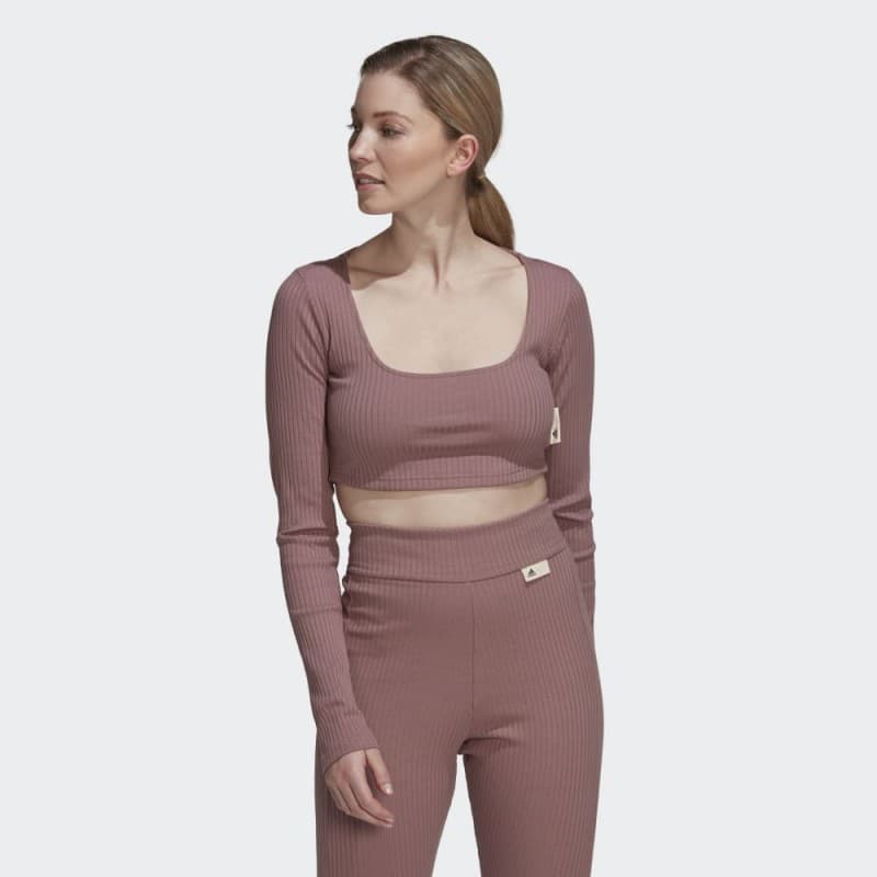 تيشيرت قصير بشعار الماركة مع أكمام طويلة من اديداس بلوزه رياضية للنساء لون زهري Adidas STUDIO LOUNGE RIBBED CROPPED LONG SLEEVE TEE