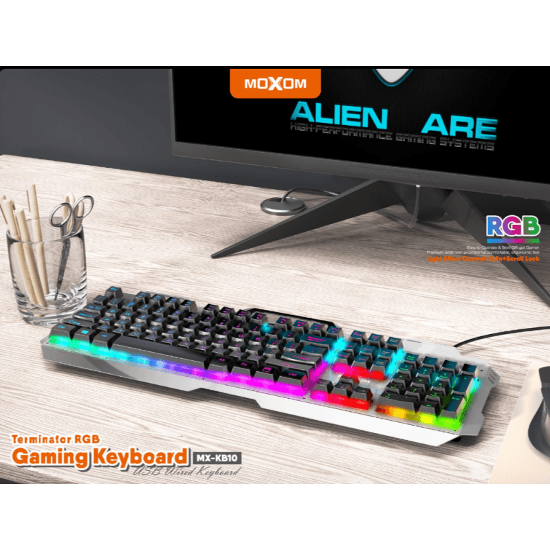 كيبورد العاب KB10 موكسوم اضاءة RGB (مفاتيح كاملة 104) زر FN، (كابل 1.45M) - MOXOM MX-KB10 Gaming Mouse Keyboard Suspension RGB Light Gaming Keyboard