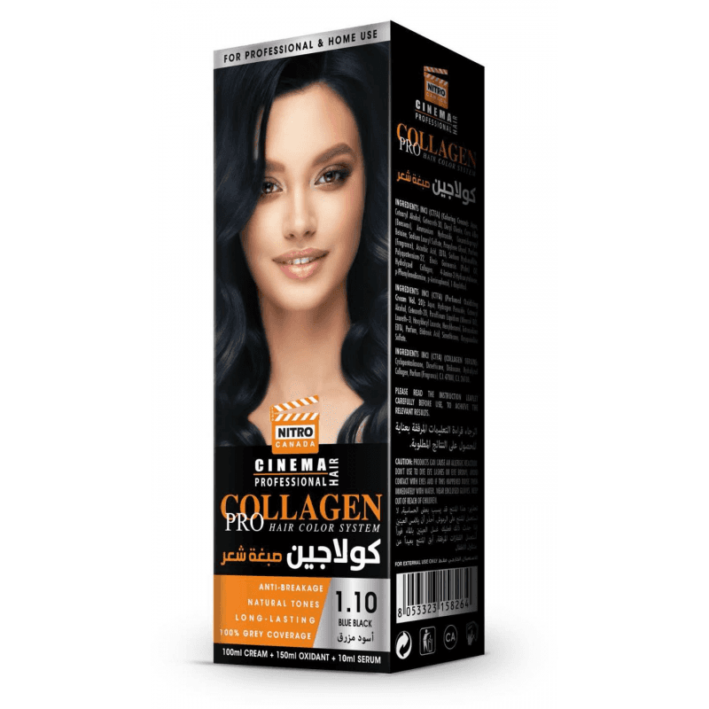 طقم صبغة شعر كولاجين من نيترو كندا درجة 1.10 أسود مزرق (3 قطع)- Nitro Canada Collagen Pro Hair Color System (100ML CREAM+150ML OXIDANT+10ML SERUM)
