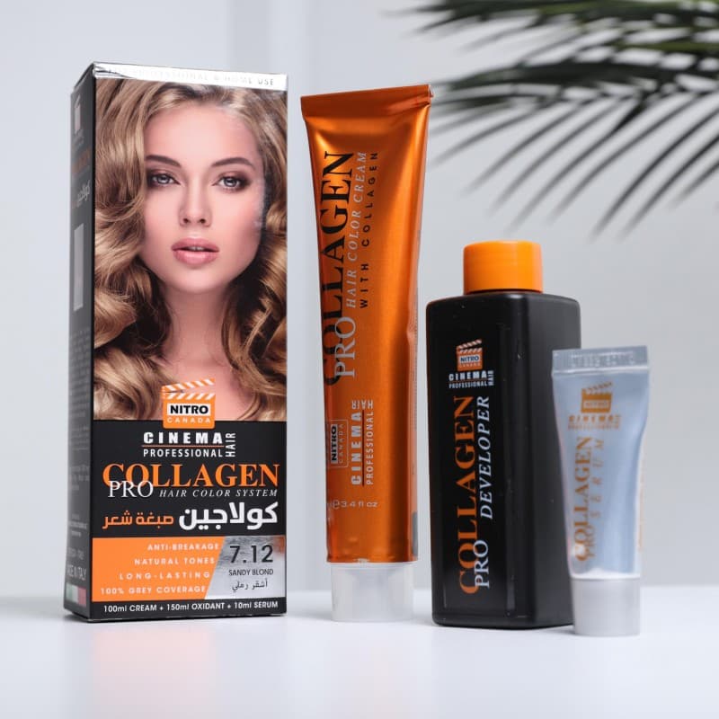 طقم صبغة شعر كولاجين من نيترو كندا درجة 7.12 أشقر رملي(3 قطع)- Nitro Canada Collagen Pro Hair Color System (100ML CREAM+150ML OXIDANT+10ML SERUM)
