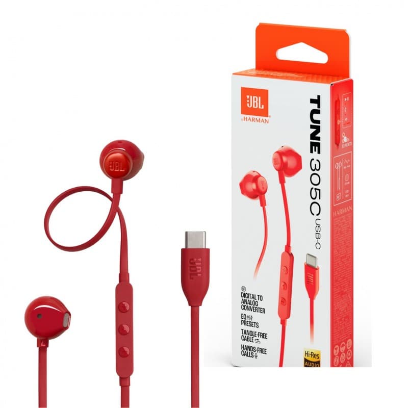 سماعات أذن سلكية JBL Tune 305C USB-C عالية الدقة Hi-Res – لون أحمر