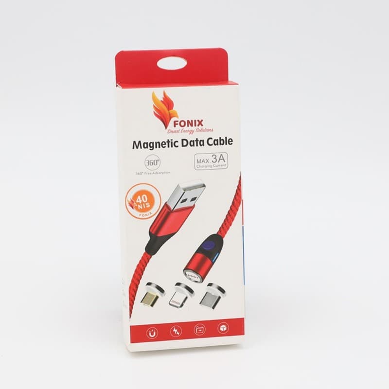 كابل فونيكس رأس مغناطيسي بثلاث منافذ 1 متر لون أسود- FONIX MAX.3A Charging Magnetic Data Cable 360 Black
