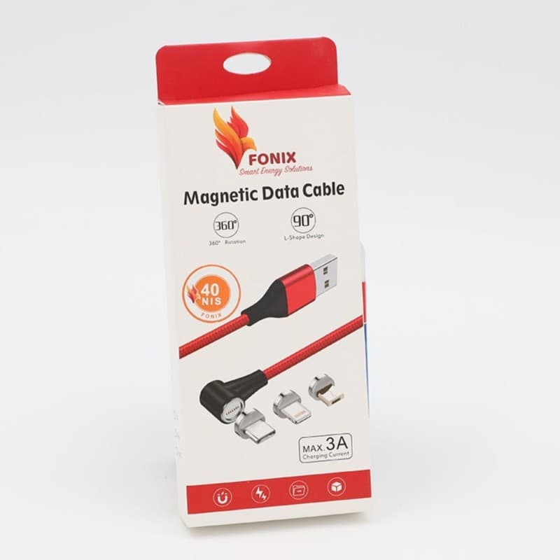 كابل فونيكس رأس مغناطيسي بثلاث منافذ 1 متر لون أسود- FONIX MAX.3A Charging Magnetic Data Cable 360 Black