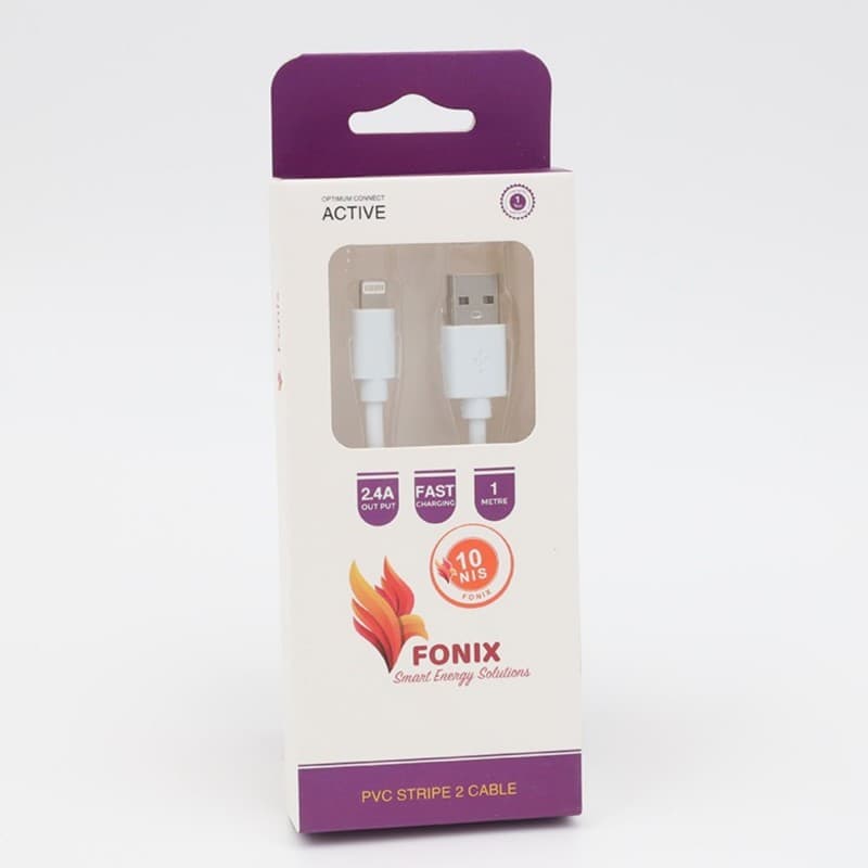 كابل فونيكس ايفون ليو اس بي 1 متر لون أبيض- FONIX Iphone Cable PVC Stripe 2 Cable 2.4A White