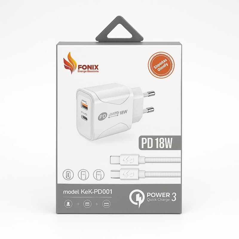 شاحن فونيكس 18 واط بمنفذين مع كابل وصلة مايكرو لون أبيض - Fonix KwKw PD001 18 W Power Adapter