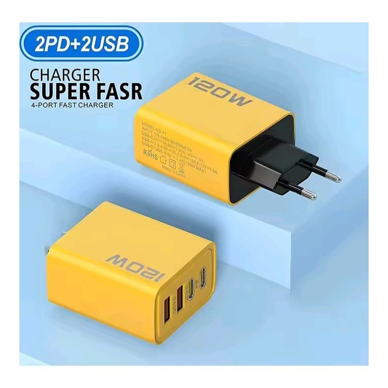 عظمة شحن 4 مداخل، 2 USB و2 Type C بقوة 120 واط، متوافق مع هواتف شاومي هواوي وأيفون 14 و15