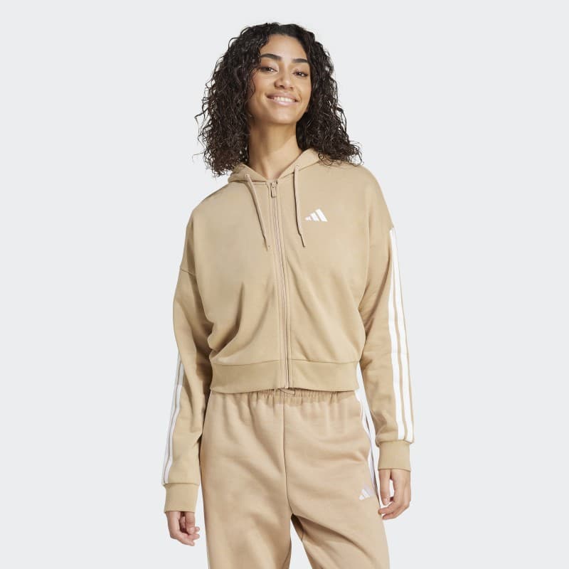 Adidas Womens' Essentials 3-Stripes French Terry Full-Zip Hoodie - Brown