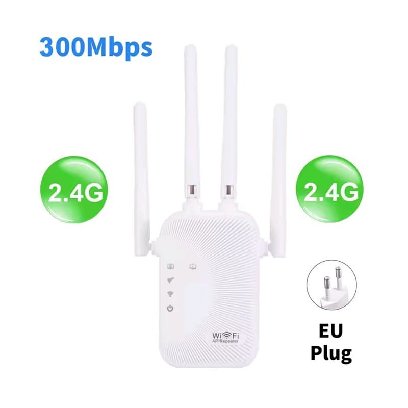 موسع نطاق Wifi مع 4 أنتينات - مع منفذين LAN - معيار نقل الواي فاي 802.11n - معدل نقل شبكة 5G Wi-Fi يصل الى 300 Mbps - قابس أوروبي- لون أبيض