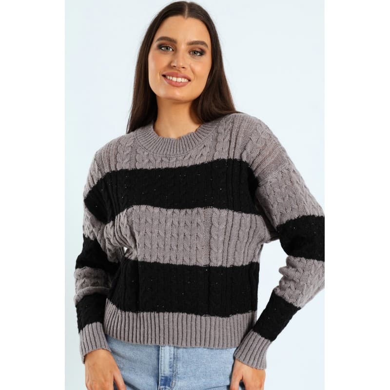 بلوزة صوف شتوية مقلمة باللون الاسود والسكني One Size