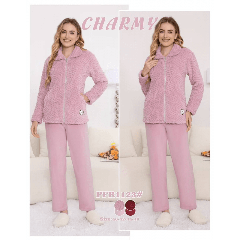 بجامة مخمل قطعتين بسحاب من CHARMY للنساء لون زهري فاتح