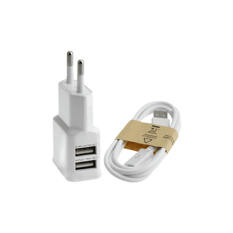 شاحن بمنفذين يو اس بي مع كابل 1.5 م منفذ ميكرو من اير ون لون أبيض-AIR ONE USB Charger 12W 1.5M Cable micro