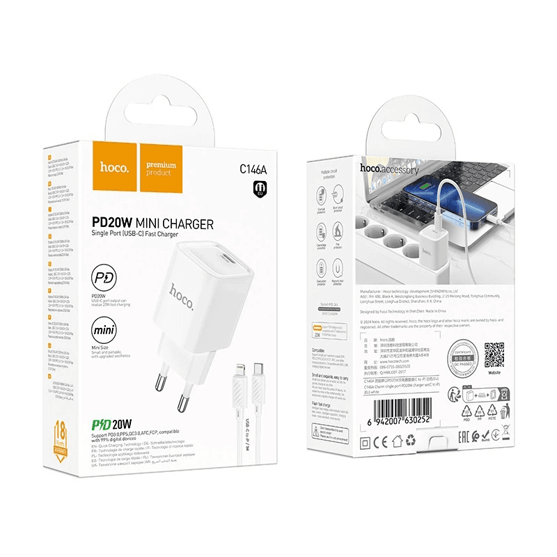Hoco C146A Charm single port PD20W charger set C to iP EU White