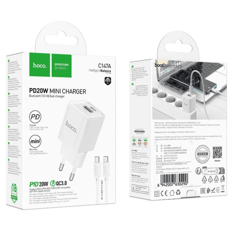 Hoco C147A Charm QC3.0 PD 20W White with Type-C/Type-C