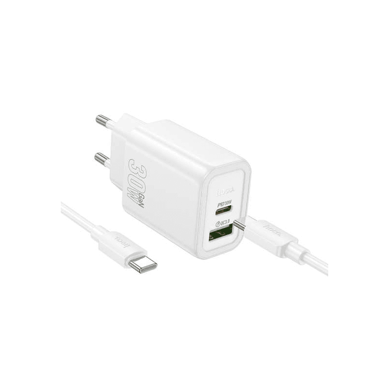 HOCO USB-C 30W + USB QC3.0 18W Charger with Type-C to Type-C Cable - White