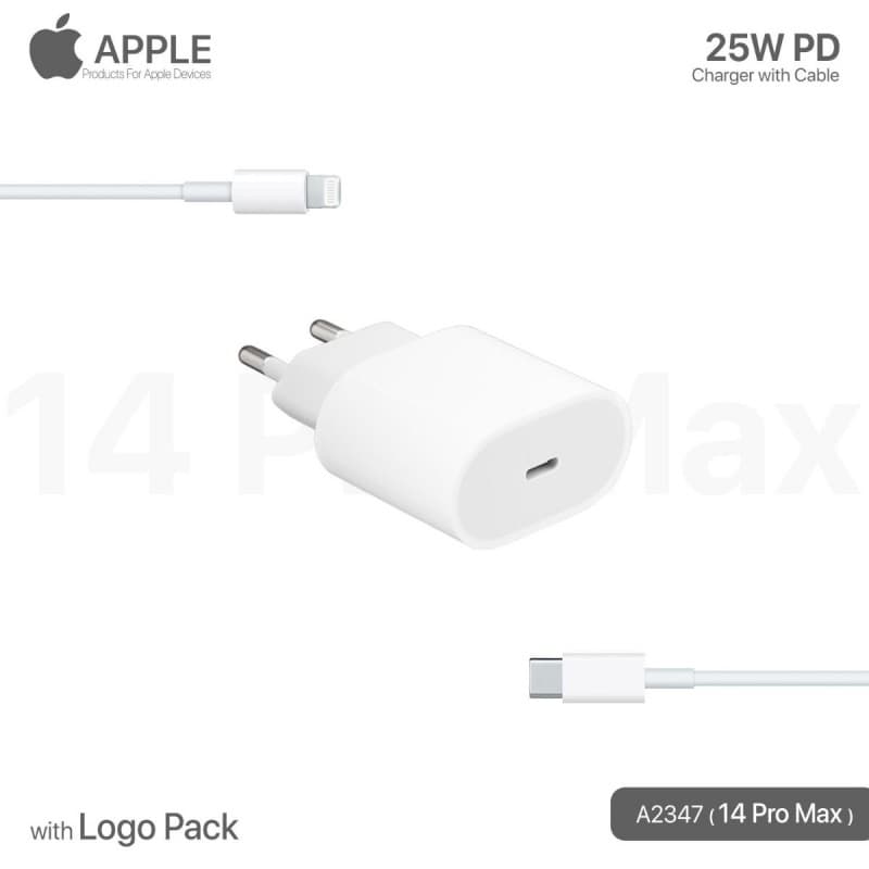 شاحن ايفون 25W PD مع كيبل Lightning مبكت مع لوجو، موديل A2347.
