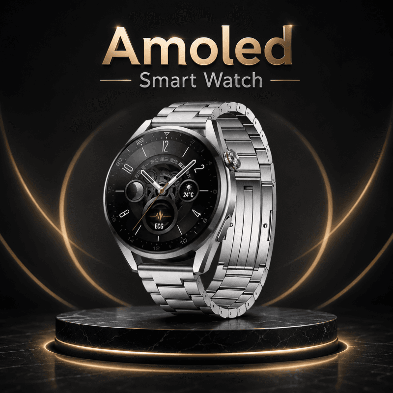 ساعة ذكية Amoled watch مع 3 أحزمة (سيليكون، جلد ومعدن)