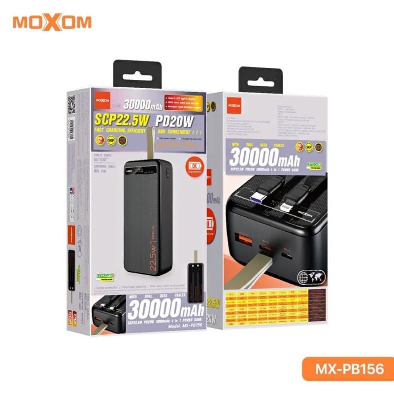 بوربانك موكسوم MX-PB156 30000mAh ، وبقوة 20 واط PD، مع 3 منافذ (Micro-USB، Type-C، 2 USB) و2 كيبل مدمجين بالبطارية (Type-C، Lightning).
