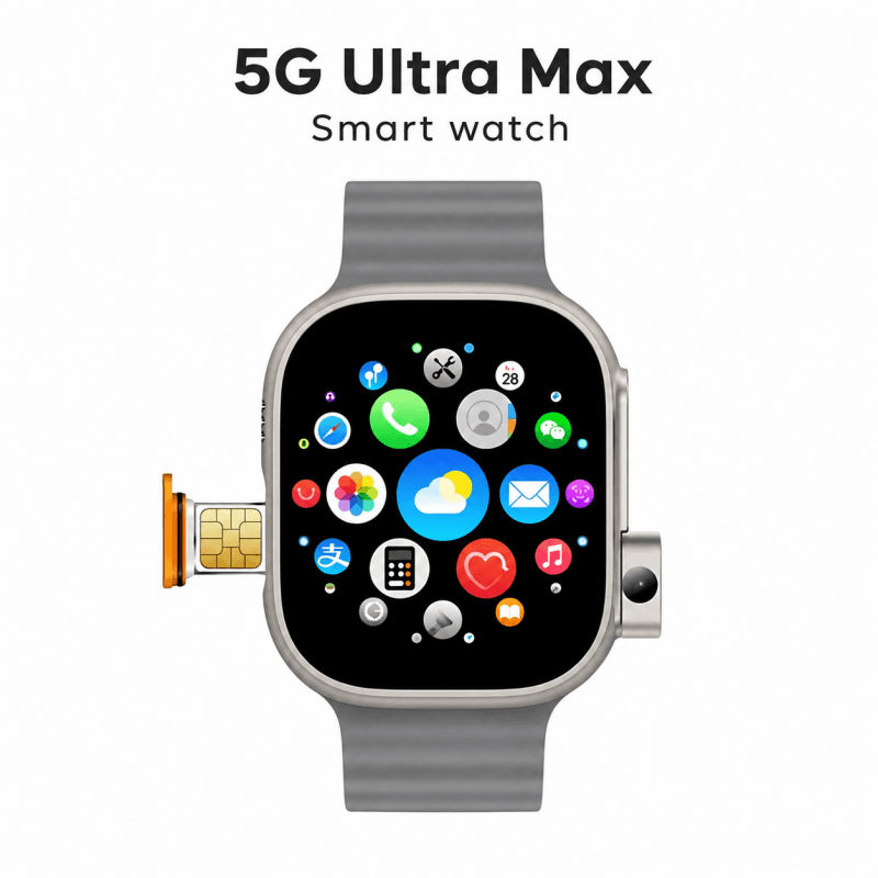 ساعة ذكية 5G Ultra Max مع مدخل شريحة، تصميم أنيق وتقنية متطورة مع شاشة AMOLED فائقة الوضوح بدقة 368×468 - حزام سيليكون لون رمادي