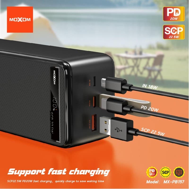 بوربانك PB157 موكسوم (40000mAh) مع 2 كيبل مدمجين (Type-C + Lightning) ، ذات شحن سريع PD + QC + SCP