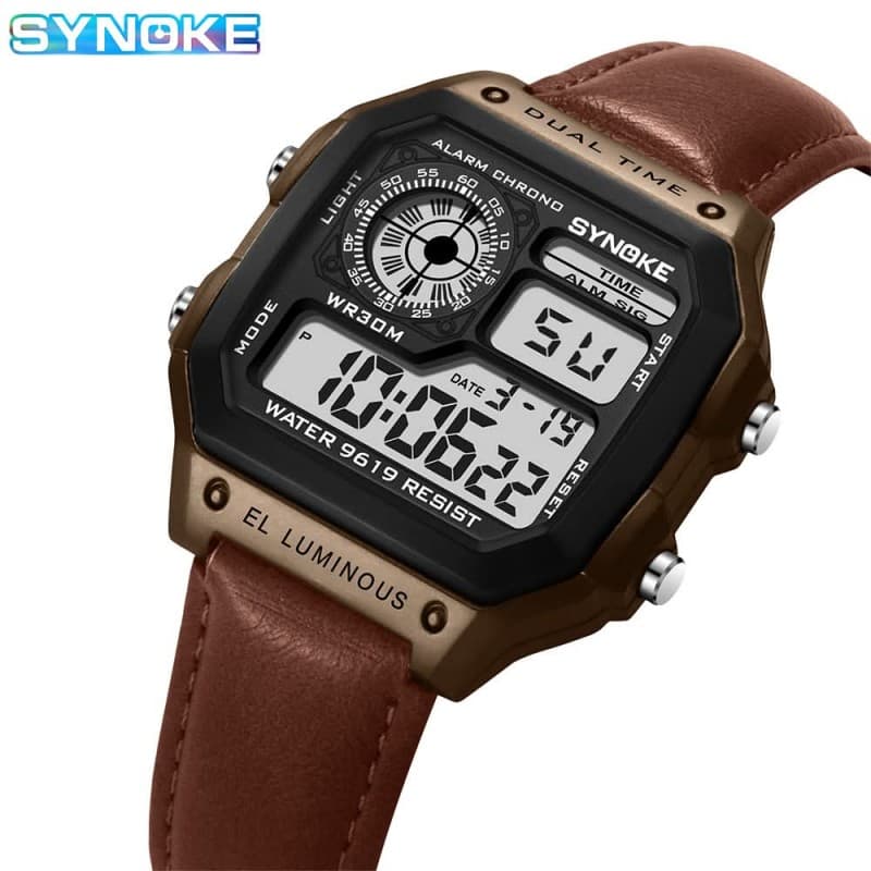 ساعة يد رقمية رجالية مع إضاءة LED حزام جلد لون بني ماركة Synoke
