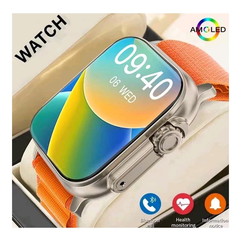 ساعة ذكية T900 الترا شاشة لمس 1.99 بوصة، تدعم الاتصال البلوتوث والرد على المكالمات - شحن لاسلكي - حزام لون رمادي